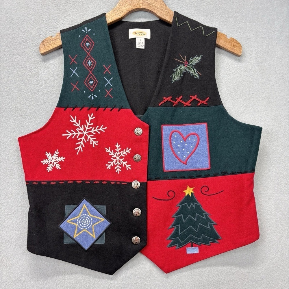 Vintage Talbots Christmas Vest Womens L Wool Blend‎ Black Red Holiday Embroidery